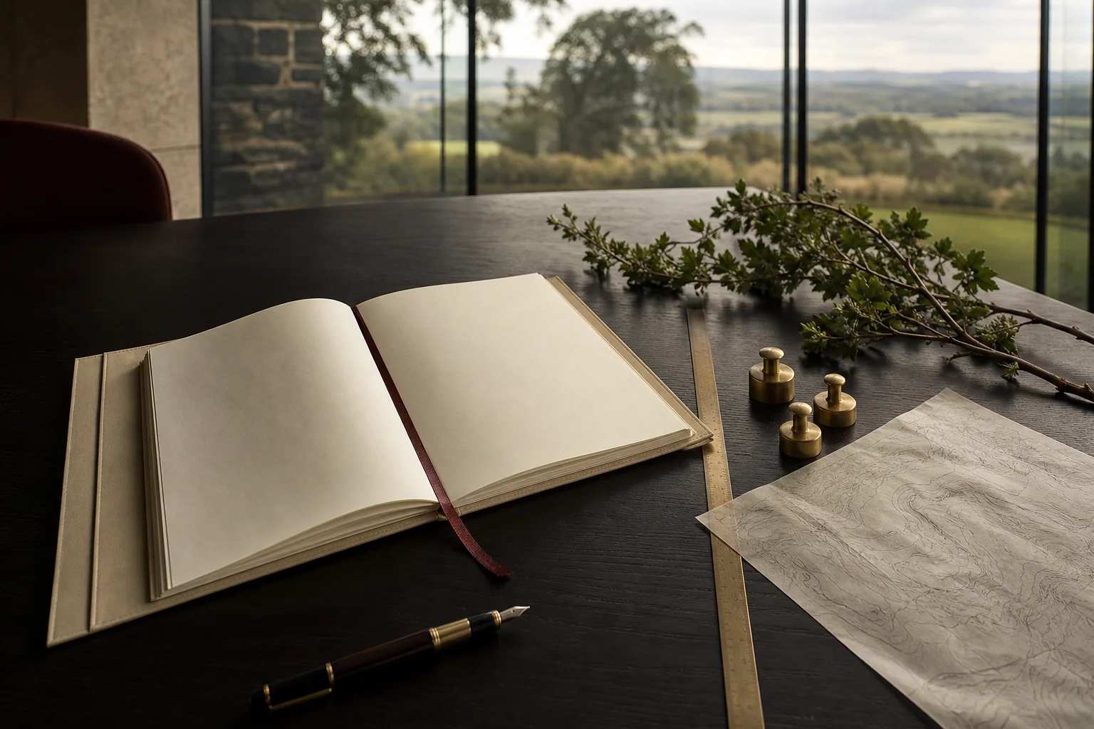 An evidence folio, field map, brass boundary rule, and review markers on a dark table.